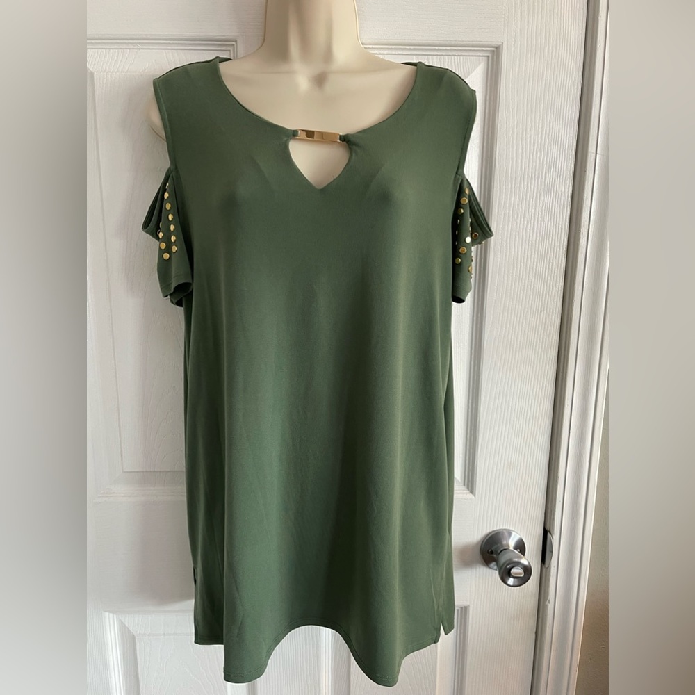 Navy green cold shoulder shirt with gold embellishment